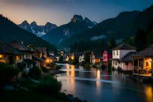 foto fondo de pantalla el cielo, montañas, río, casas, el noche, el montañas, el río. generado por ai