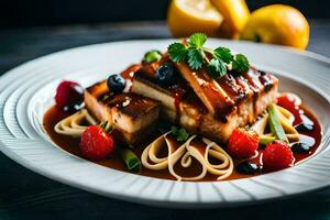 a plate of food with noodles, berries and a lemon. AI-Generated photo