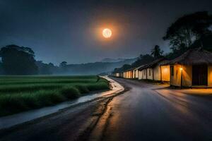 a road at night with a full moon. AI-Generated photo