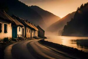 photo wallpaper the sky, water, mountains, houses, river, road, sunset, the sun. AI-Generated