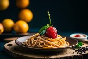 spaghetti with a strawberry on a plate. AI-Generated photo