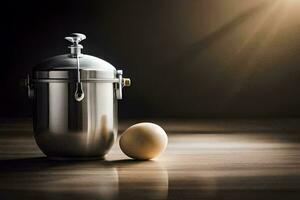 a silver canister with an egg on a wooden table. AI-Generated photo