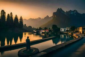 a man stands on a dock looking at the mountains. AI-Generated photo