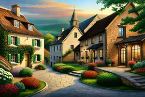 a painting of a village street with flowers and trees. AI-Generated photo