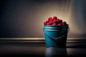 a blue bucket filled with raspberries. AI-Generated photo