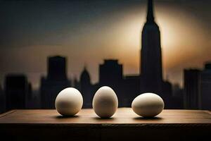 three eggs sit on a table in front of a cityscape. AI-Generated photo