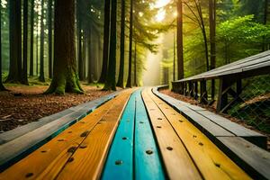 colorful wooden walkway in the forest. AI-Generated photo