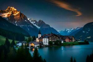 the village of alpine lake in the mountains. AI-Generated photo