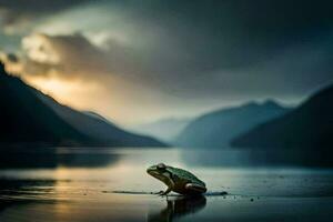 a frog sitting on the shore of a lake at sunset. AI-Generated photo