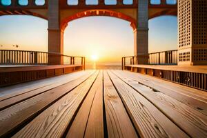 a wooden deck with a view of the sun setting. AI-Generated photo