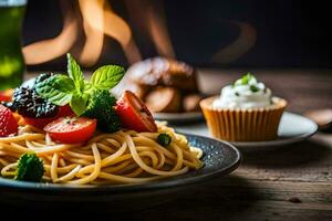 spaghetti with tomatoes and vegetables on a plate. AI-Generated photo