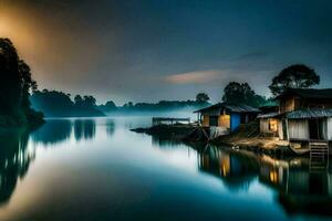 a house on the water at night with a full moon. AI-Generated photo