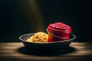 a bowl of red pomegranate seeds and a red container. AI-Generated photo