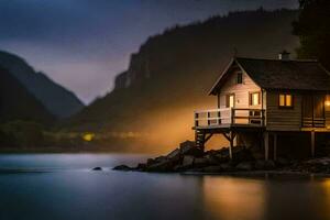 photo wallpaper the sky, mountains, fog, house, the house, the house on the lake. AI-Generated