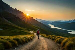 a person walking down a dirt road in the mountains. AI-Generated photo