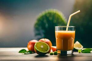 a glass of juice with lime and apples. AI-Generated photo