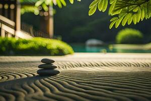 a stone is sitting on the sand near a pool. AI-Generated photo