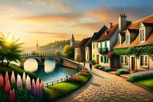 a painting of a village street with houses and a bridge. AI-Generated photo