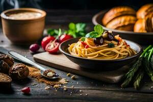 spaghetti with olives, bread and coffee on a wooden table. AI-Generated photo