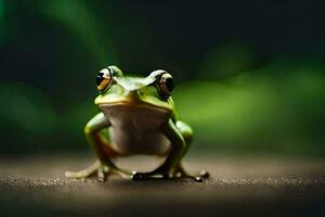 un rana es en pie en un oscuro antecedentes. generado por ai foto