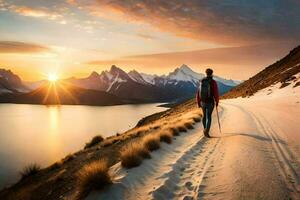 un hombre camina a lo largo un camino en el montañas a puesta de sol. generado por ai foto