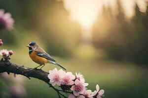 a bird sits on a branch with flowers in the background. AI-Generated photo