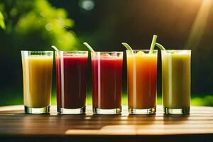 five different juices in glasses on a table. AI-Generated photo