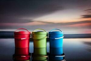 three colorful buckets sitting on a beach with a sunset in the background. AI-Generated photo