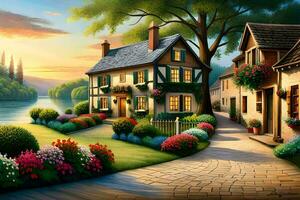 a painting of a house and flowers by the water. AI-Generated photo