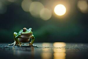 a frog sitting on the ground in front of a bright light. AI-Generated photo