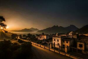 the sun rises over a village in the mountains. AI-Generated photo