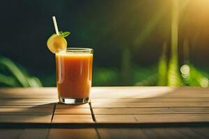 un vaso de naranja jugo en un de madera mesa. generado por ai foto