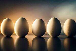 five eggs are lined up in a row. AI-Generated photo