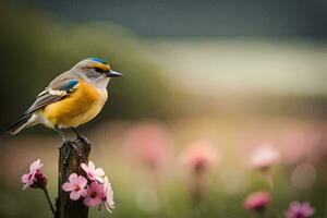 a small bird is perched on a post in a field. AI-Generated photo