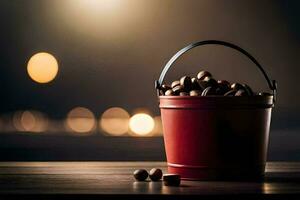 a bucket of chocolate covered nuts on a table. AI-Generated photo