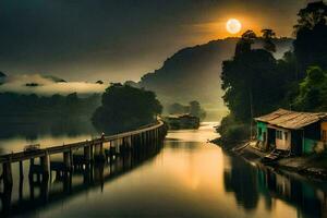 photo wallpaper the sky, the sun, the moon, the bridge, the river, the mountains. AI-Generated