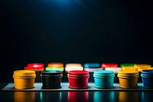 colorful paint pots on a table. AI-Generated photo