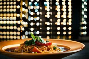 un plato de pasta con tomate y albahaca en un restaurante en el ciudad. generado por ai foto