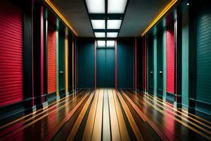 a hallway with colorful doors and a light. AI-Generated photo