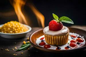 un magdalena con fresas y un salsa en un de madera mesa. generado por ai foto