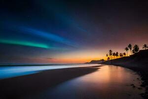 the aurora borealis lights up the sky over the ocean. AI-Generated photo