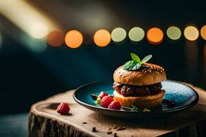 a burger on a plate with berries and mint. AI-Generated photo