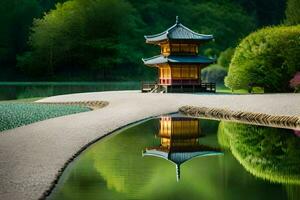 a pagoda sits on the edge of a lake. AI-Generated photo