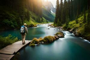 man walking on wooden bridge over river in forest. AI-Generated photo