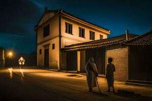 two people walk down the street at night in front of a house. AI-Generated photo