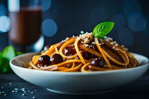 spaghetti with meat and cherries on a dark table. AI-Generated photo