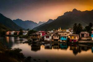 un río y algunos vistoso casas en el montañas. generado por ai foto