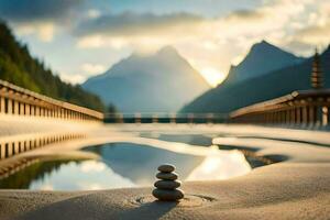 a stack of stones sitting on the sand near a lake. AI-Generated photo