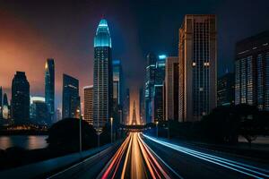 un ciudad a noche con luces en el la carretera. generado por ai foto