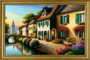 a painting of a village street with flowers and a bridge. AI-Generated photo